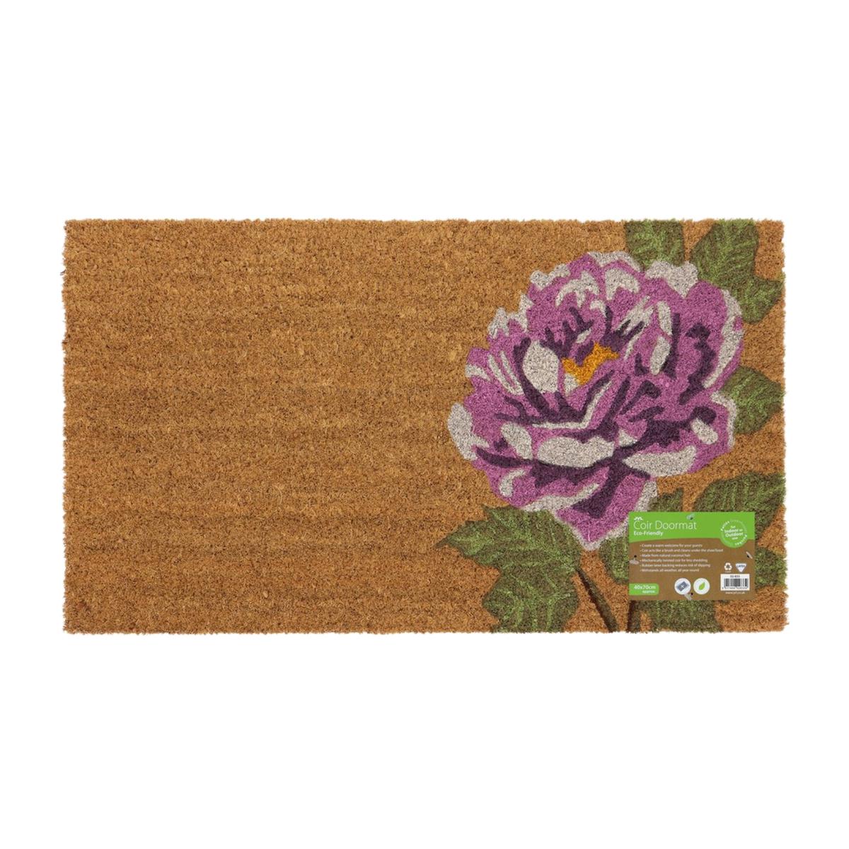 Latex Backed Flower Coir Door Mat - Natural Coir with Purple Flower Design – image 1