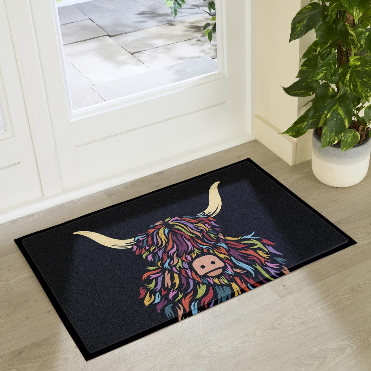 Highland Cow Colour Indoor Outdoor Doormat - Black / 90x60cm