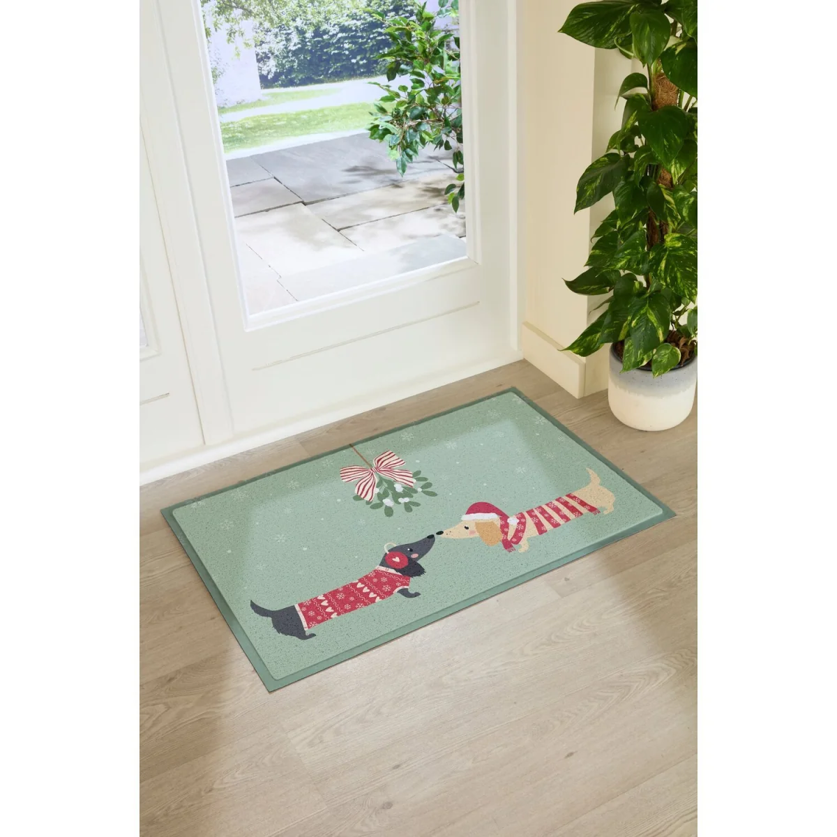 Christmas Sausage Dogs Large Doormat - Green