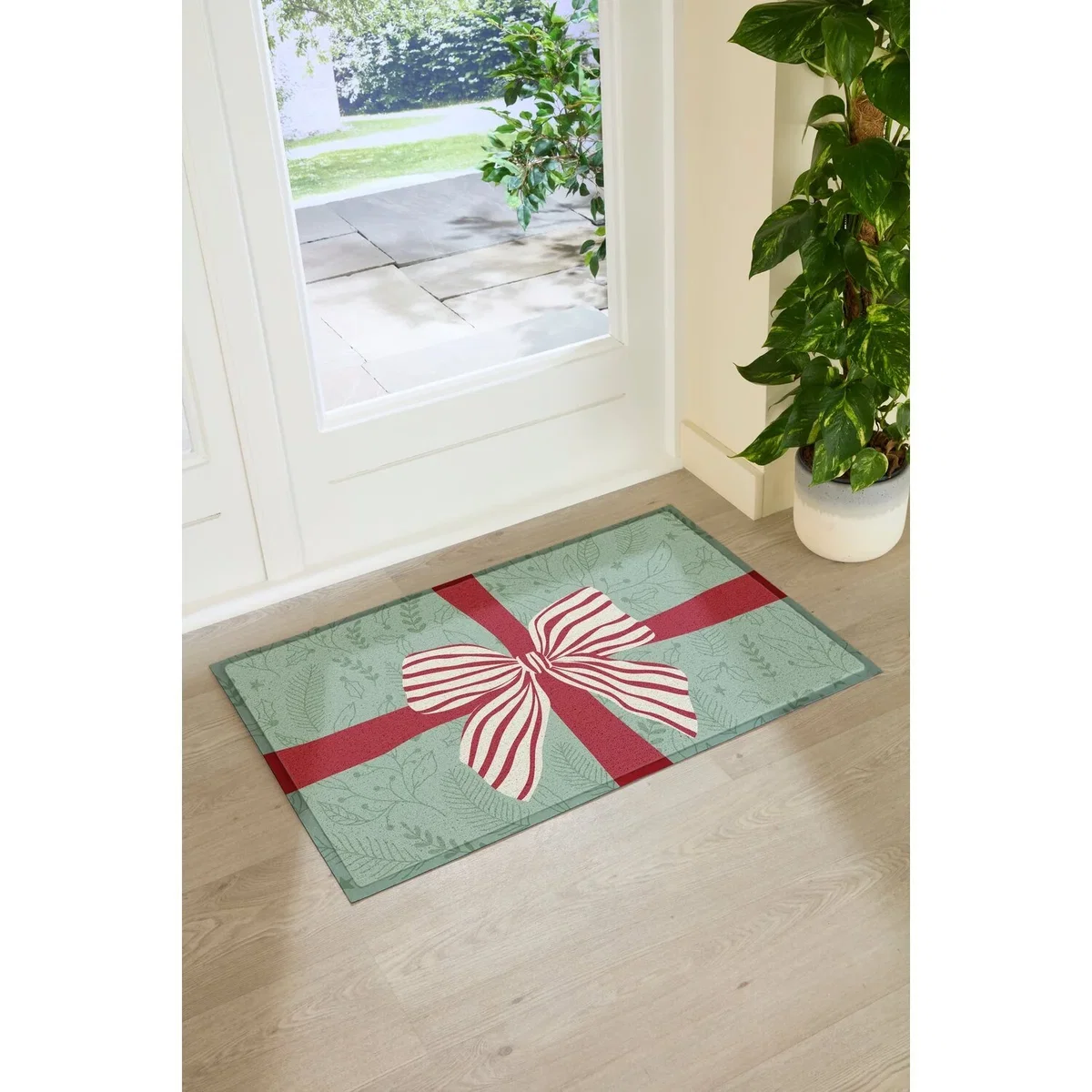 Red White Stripe Bow Large Doormat - Green