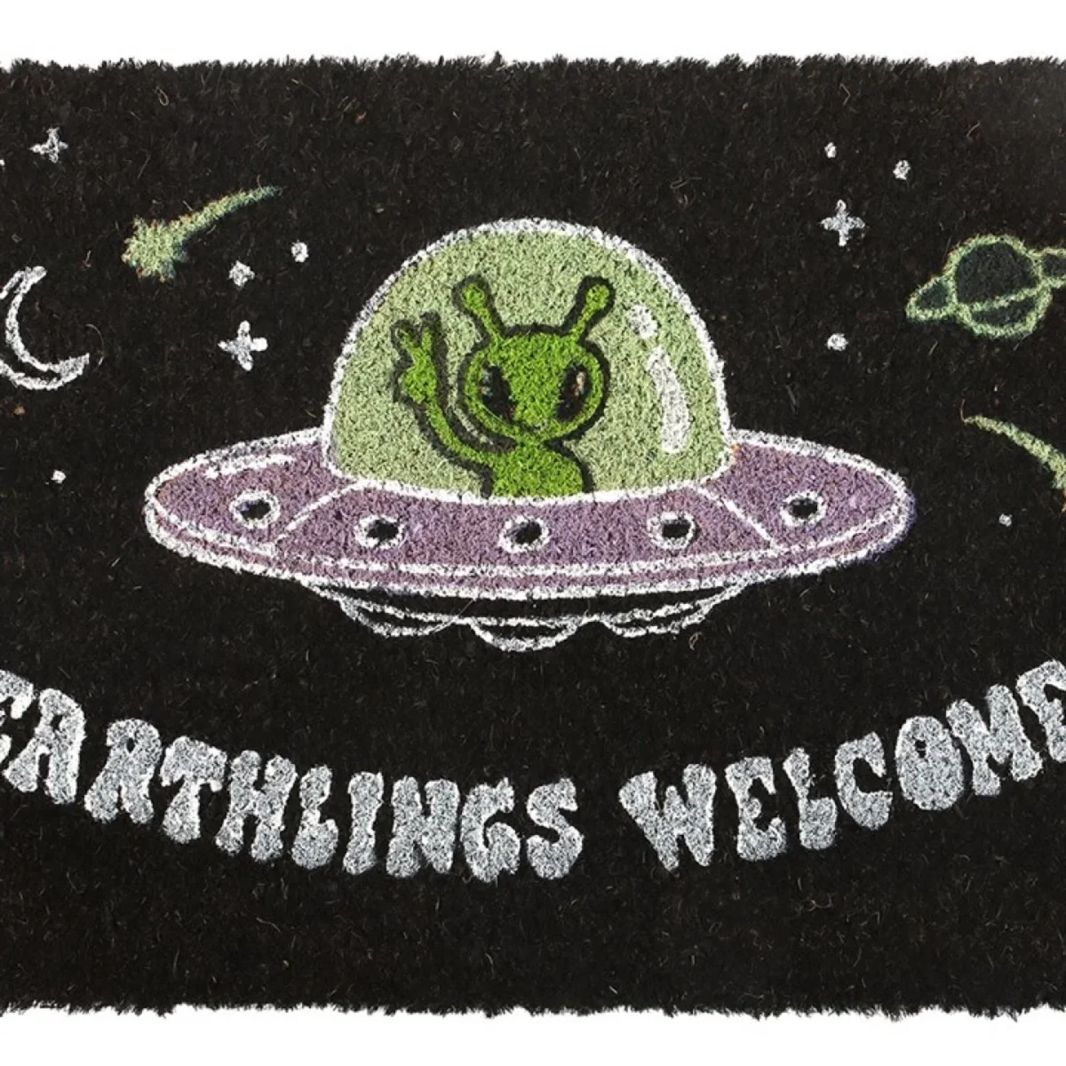 Black Earthlings Welcome Alien UFO Doormat Quirky Sci Fi Gift - Black – image 1