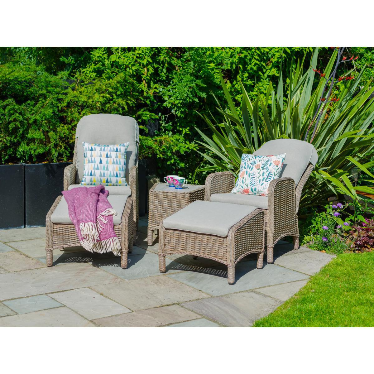 LG Outdoor Bergen 2-Seat Garden Side Table & Reclining Chairs with Footstools Set, Natural/Sandy Grey – image 2