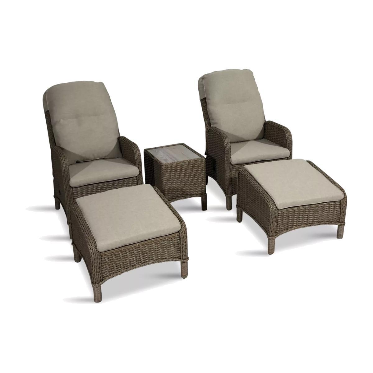 LG Outdoor Bergen 2-Seat Garden Side Table & Reclining Chairs with Footstools Set, Natural/Sandy Grey – image 1