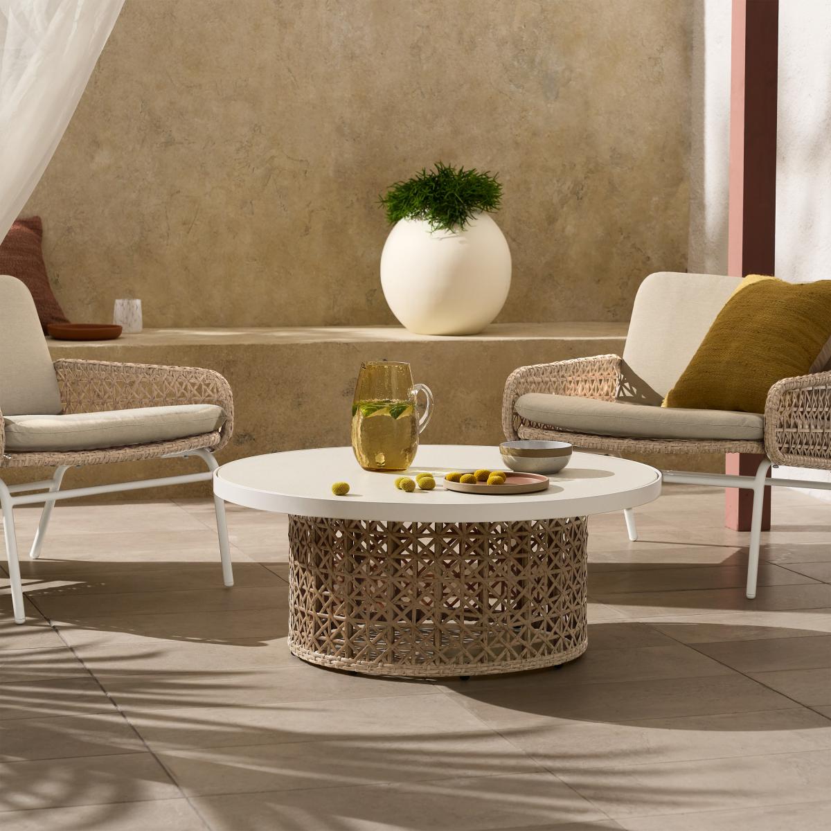 Rhonda Garden Round Coffee Table, Natural Stone & Polyweave – image 9