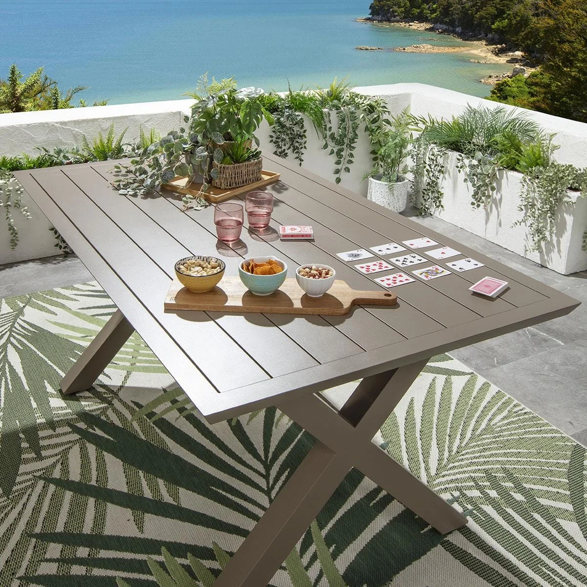 Modern 6 Seat Outdoor Garden Dining Table Cross X-Leg Metal Beige 160cm – image 2
