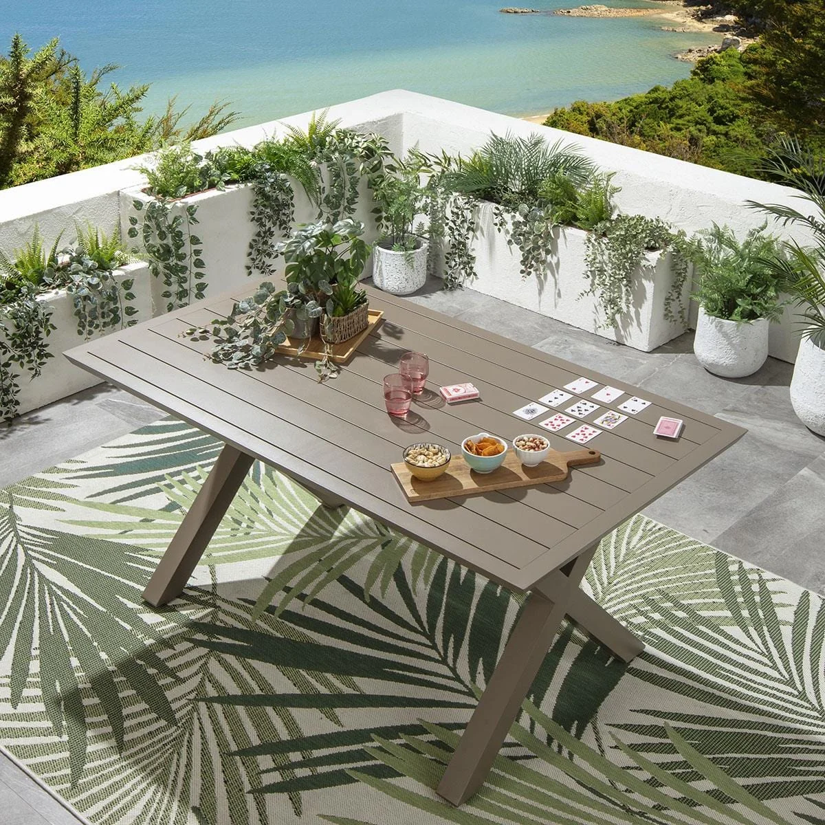 Modern 6 Seat Outdoor Garden Dining Table Cross X-Leg Metal Beige 160cm – image 3
