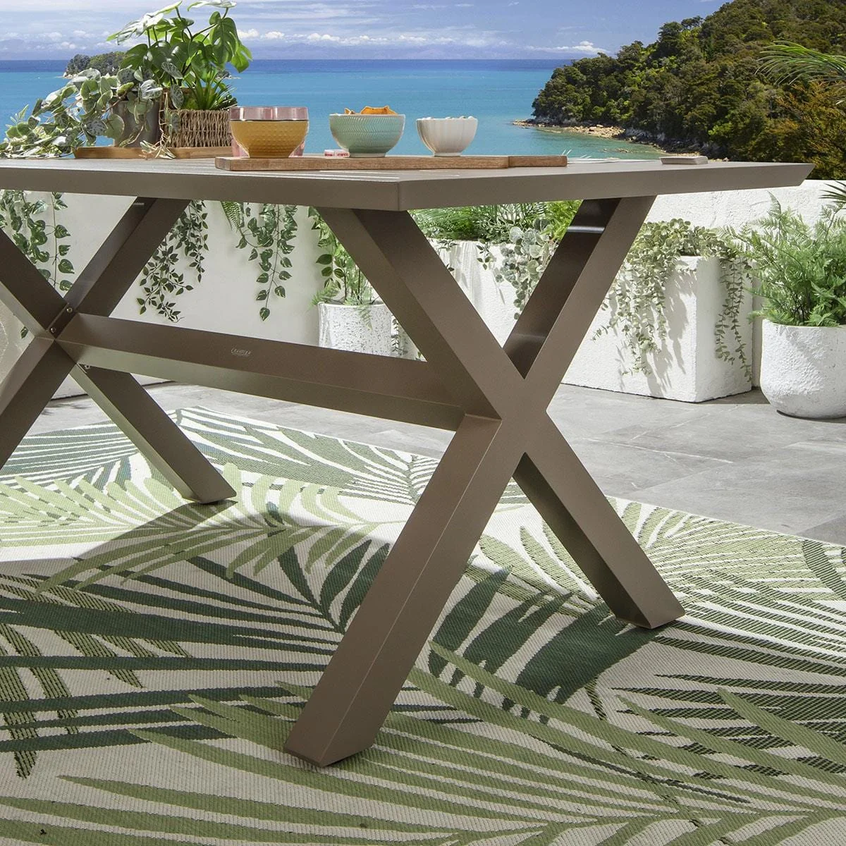 Modern 6 Seat Outdoor Garden Dining Table Cross X-Leg Metal Beige 160cm – image 4