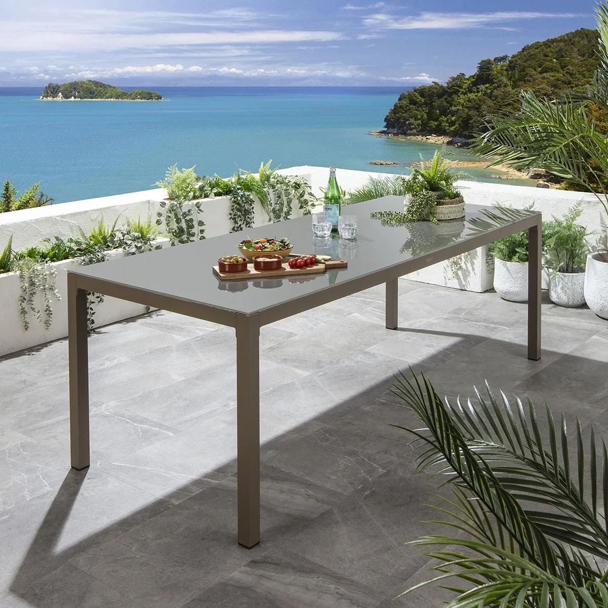 Modern 8 Seat Outdoor Garden Dining Table Glass Aluminium Beige 180cm – image 1