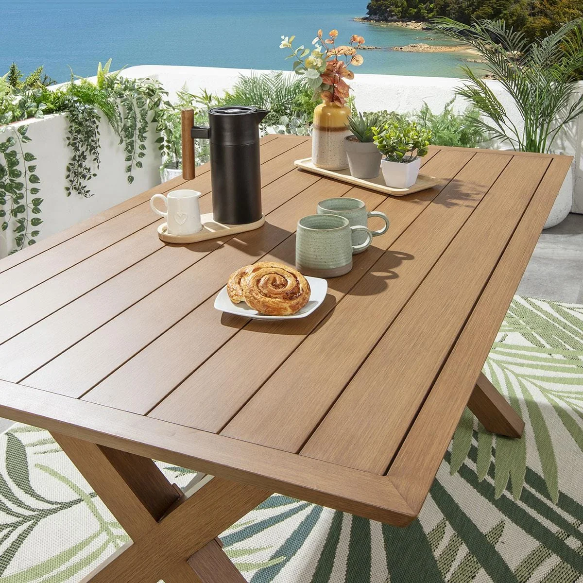 Modern Garden Dining Table Cross Leg Metal Oak Wood Effect 6 Seat 160cm – image 2