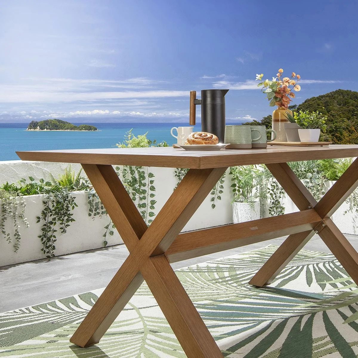 Modern Garden Dining Table Cross Leg Metal Oak Wood Effect 6 Seat 160cm – image 3