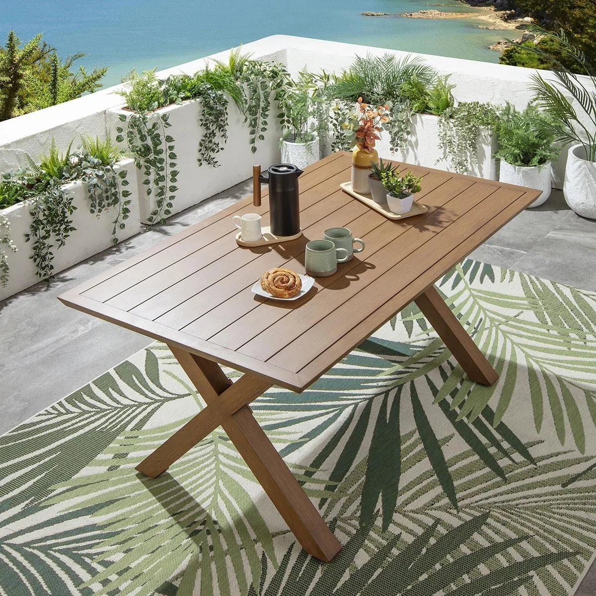 Modern Garden Dining Table Cross Leg Metal Oak Wood Effect 6 Seat 160cm – image 4