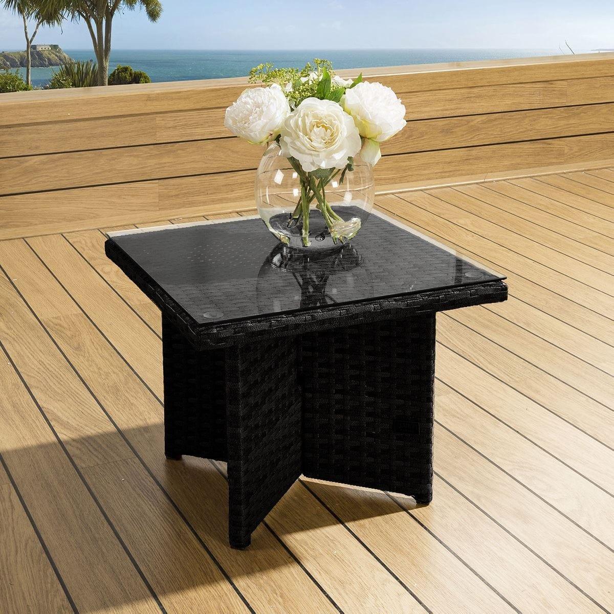 Luxury Outdoor Garden Square End Coffee Table Black Rattan Clear Glass Crane