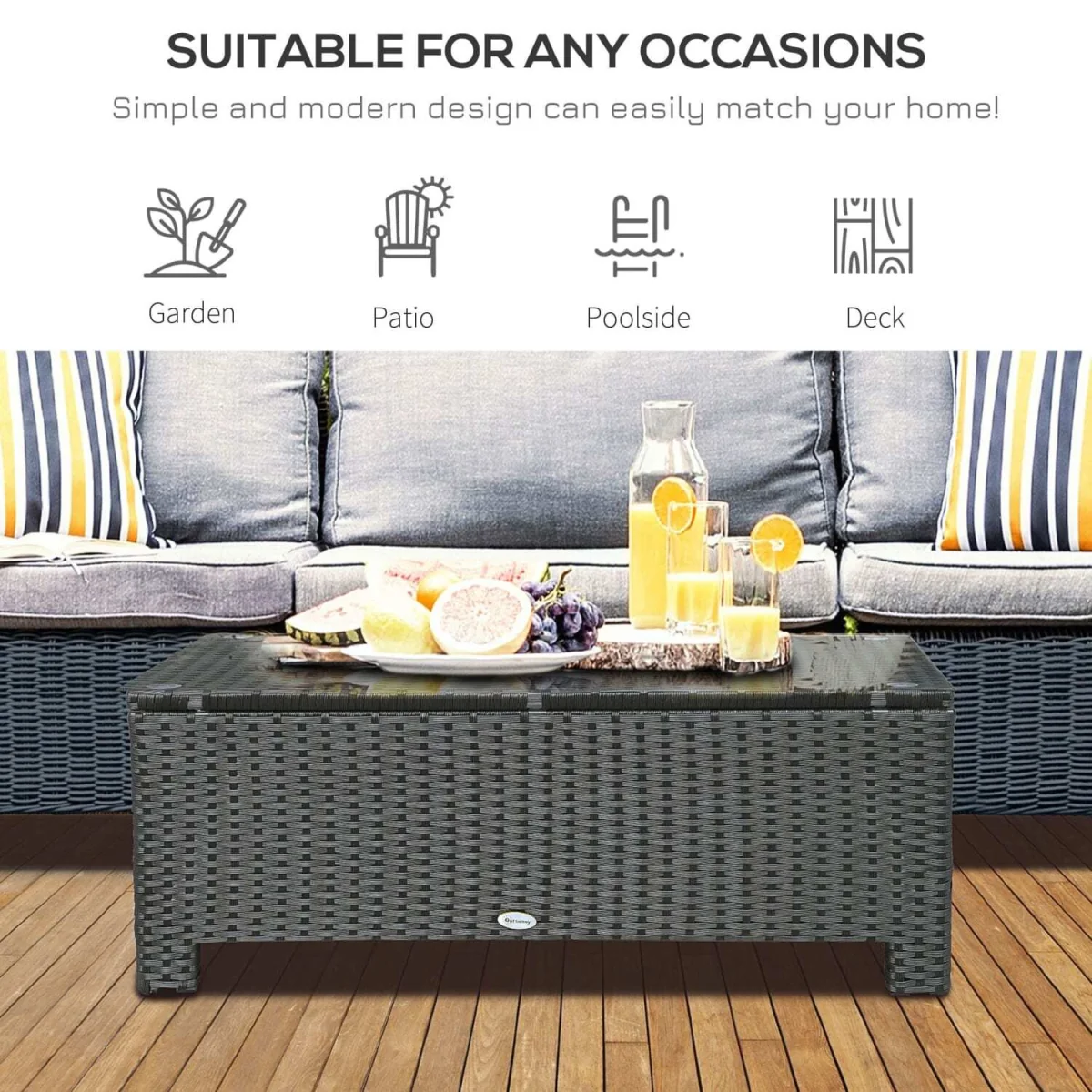 Niyo Black Rattan Rectangular Outdoor Coffee Table with Tempered Glass Top – image 4