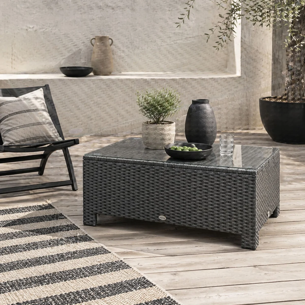 Niyo Black Rattan Rectangular Outdoor Coffee Table with Tempered Glass Top – image 1