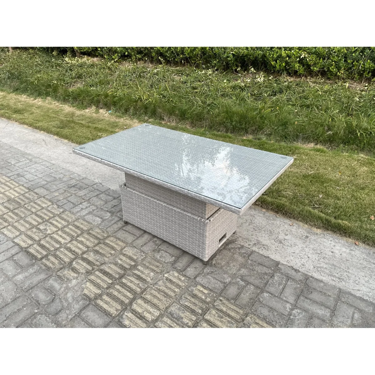 Rattan Garden Furniture Adjustable Rising Dining or Coffee Table - Light Grey Mixed – image 2
