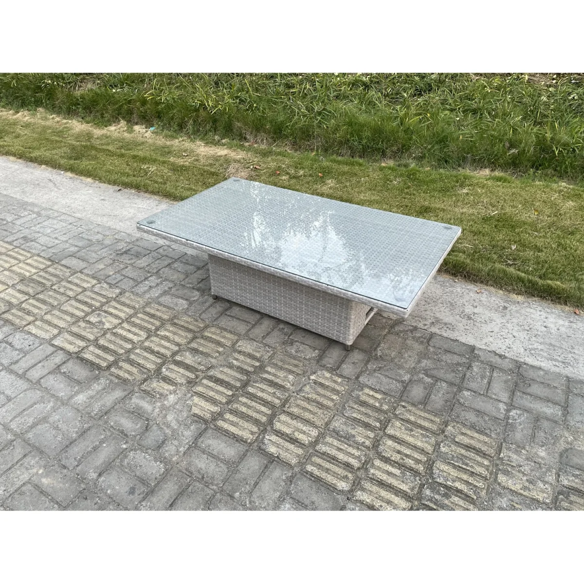 Rattan Garden Furniture Adjustable Rising Dining or Coffee Table - Light Grey Mixed – image 3