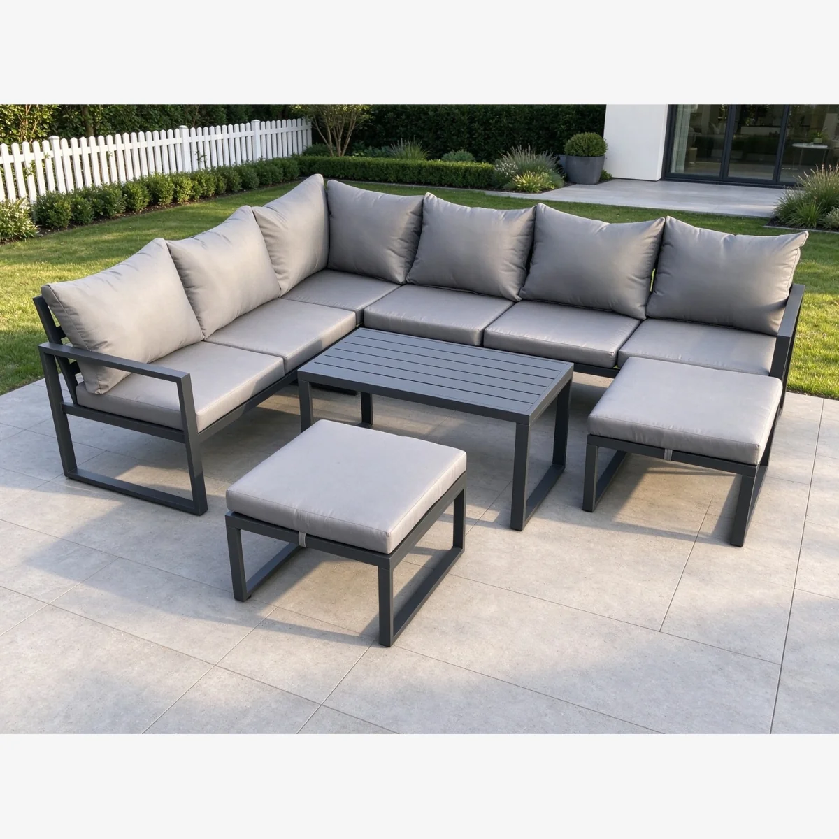 8-Seater Aluminum Outdoor Corner Sofa Set, Powder-Coated Frame, Removable Cushion Covers, Oblong Coffee Table & 2 Footstools