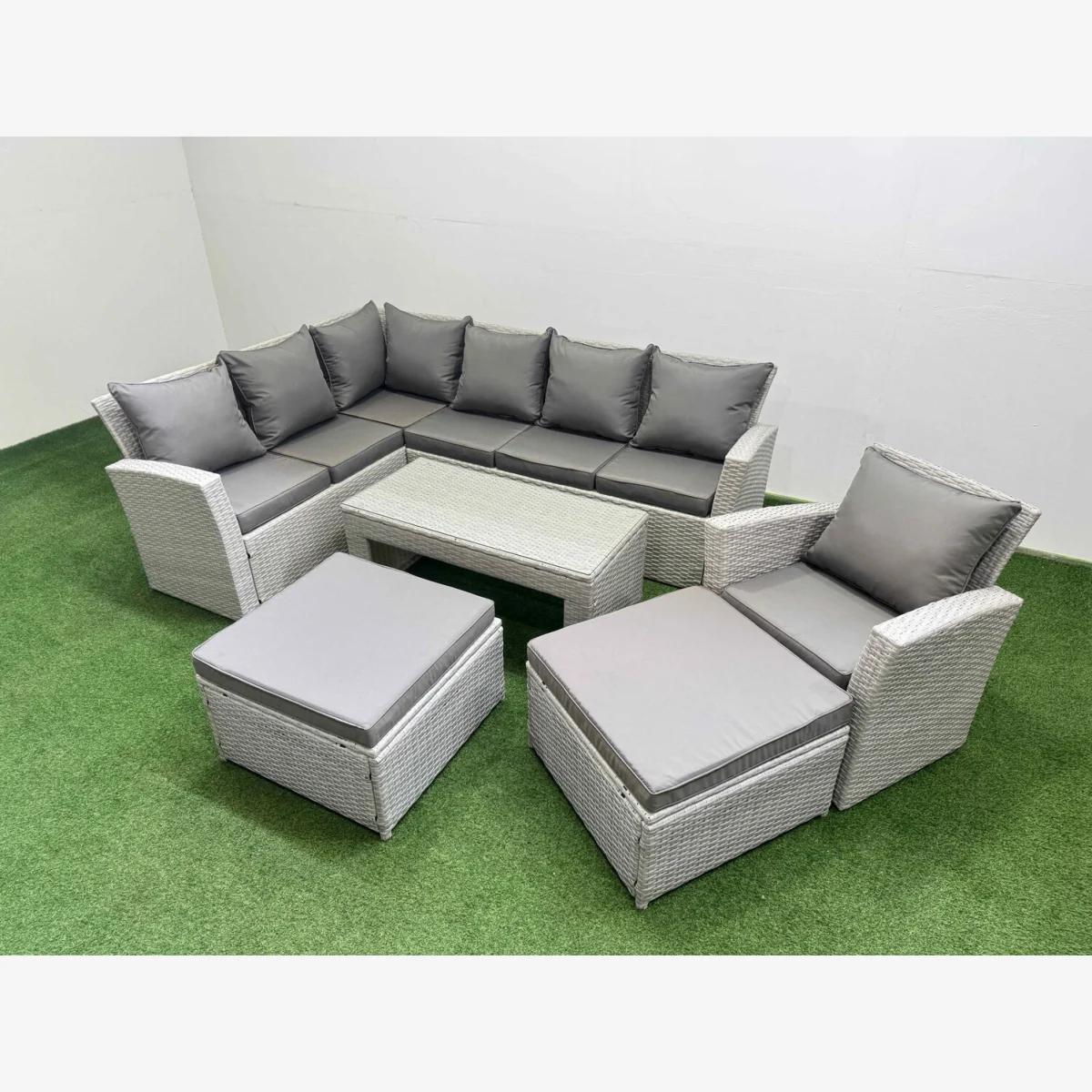 9-Seater Rattan Outdoor Corner Sofa Set Oblong Coffee Table 2 Stools