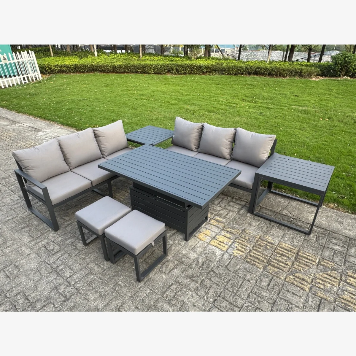 7 Pieces Garden Furniture Set Aluminium Adjustable Dining Table Sofa Set 2 Side Tables 2 Stools