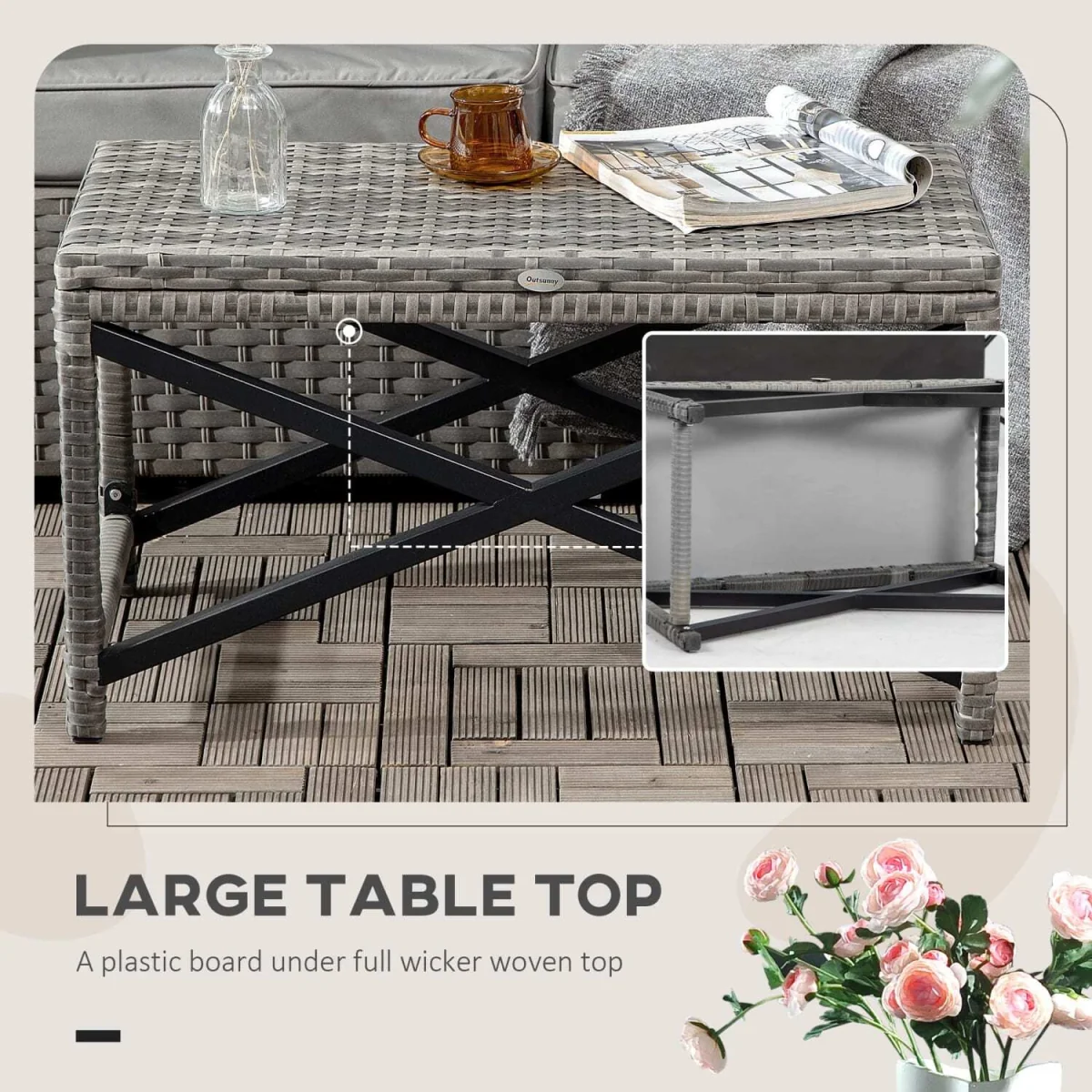 Donori Grey Rattan Outdoor Coffee Table - Rectangular X-Frame Woven Top – image 6
