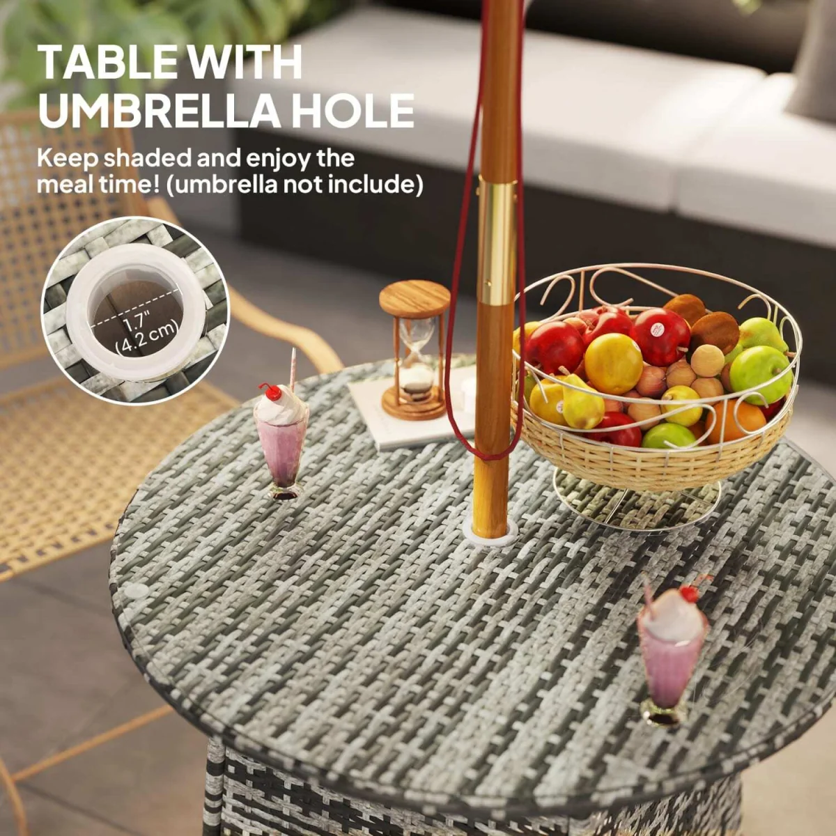 Viveke Rattan Grey Outdoor Coffee Table with Tempered Glass Top and Parasol Hole – image 5