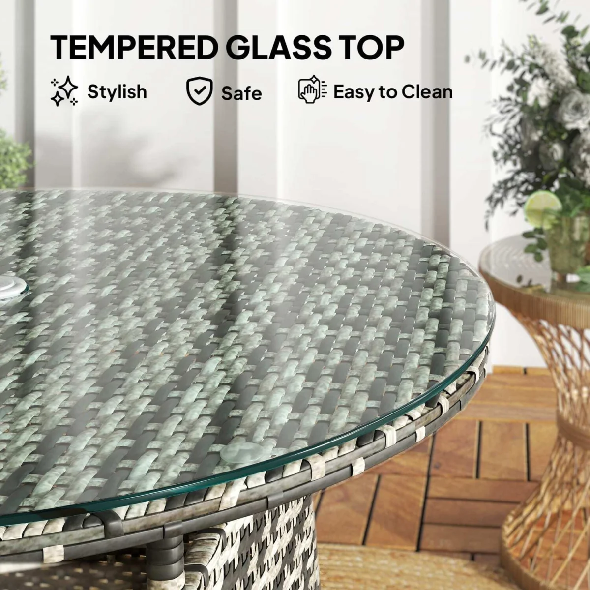 Viveke Rattan Grey Outdoor Coffee Table with Tempered Glass Top and Parasol Hole – image 6