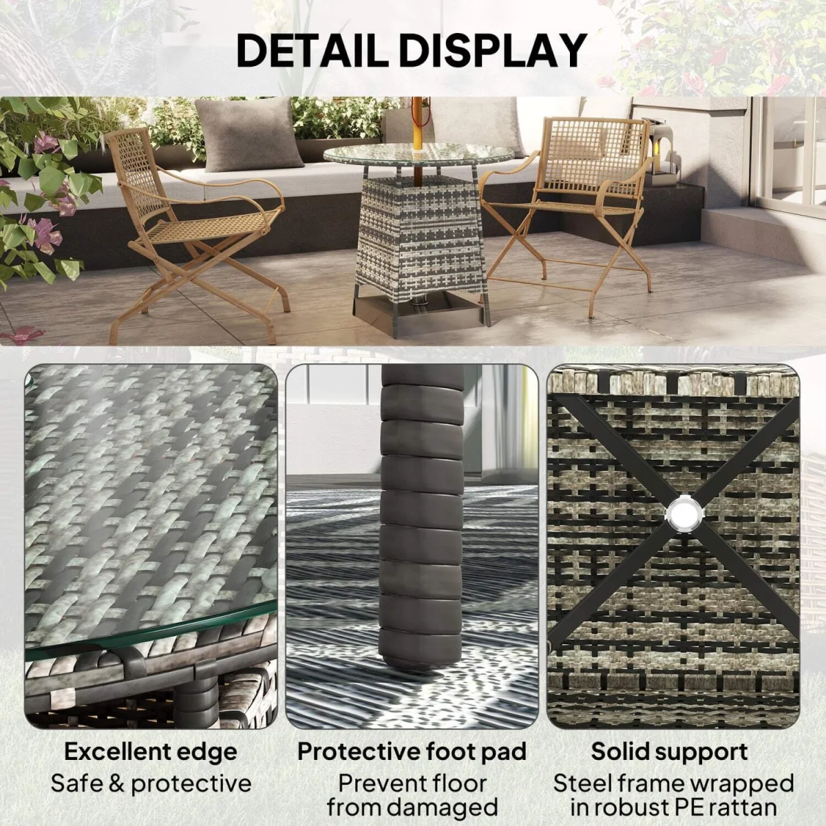 Viveke Rattan Grey Outdoor Coffee Table with Tempered Glass Top and Parasol Hole – image 7