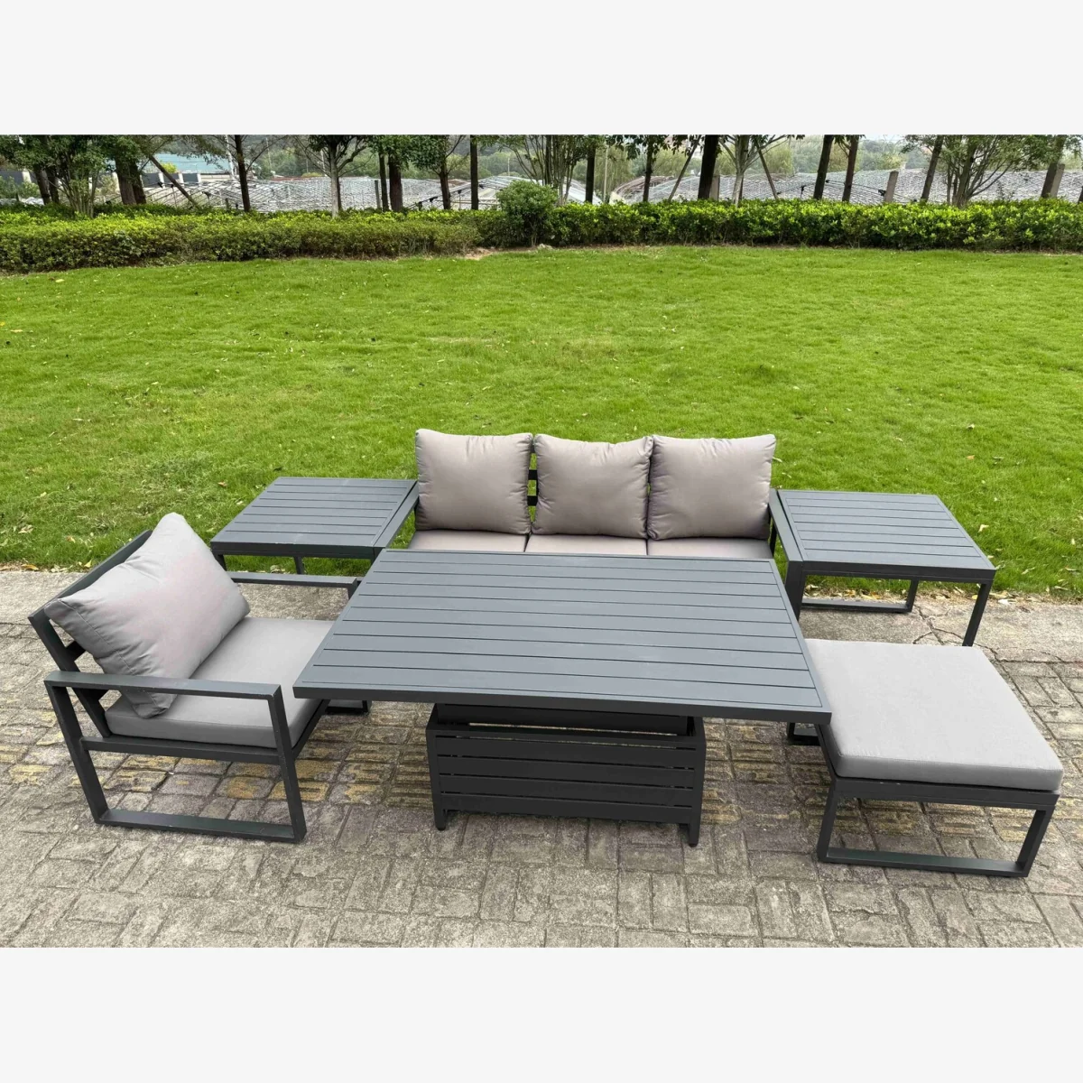Aluminium Garden Furniture Set 6 Pcs Lounge Seating Adjustable Table Set 2 Side Tables Big Stool