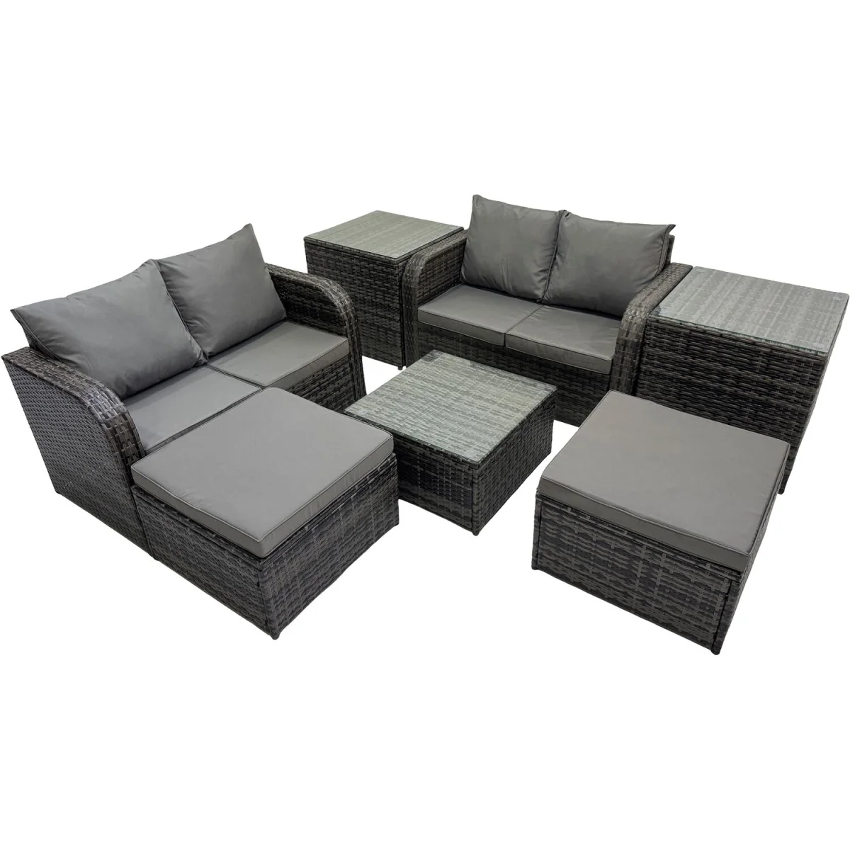 Fimous PE Rattan Garden Furniture Set - 6 Seats, Tempered Glass Coffee Table, Dark Grey Mixed. - Dark Grey Mixed rattan with dark grey fabric – image 2