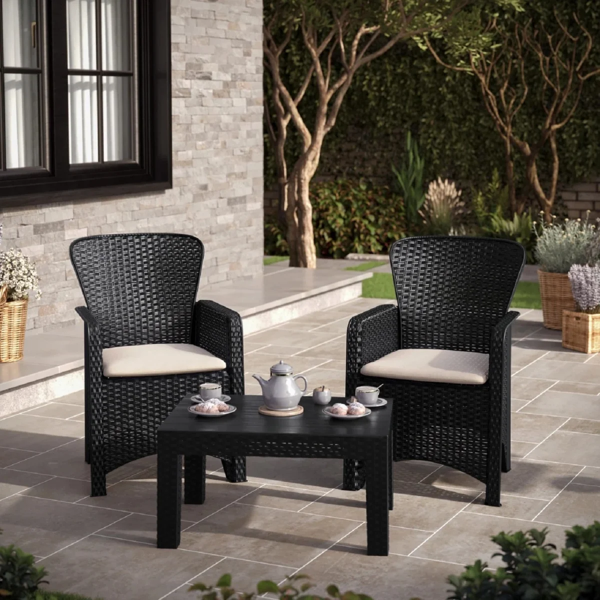 Black Rattan Effect Garden Side Table - Black – image 5