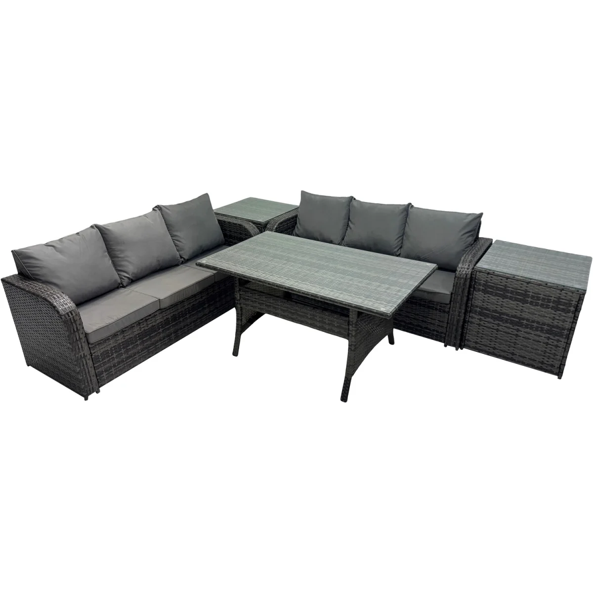 Fimous 6-Seat Outdoor PE Rattan Garden Furniture Set with Dining Table and 2 Side Tables. - Dark Grey Mixed – image 5