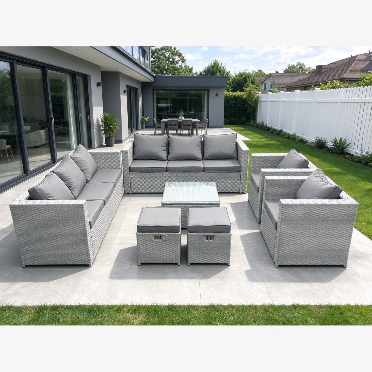 Outdoor 10-Seater Rattan Sofa Garden Set - 2 Sofas 2 Armchairs 2 Stools & Square Coffee Table