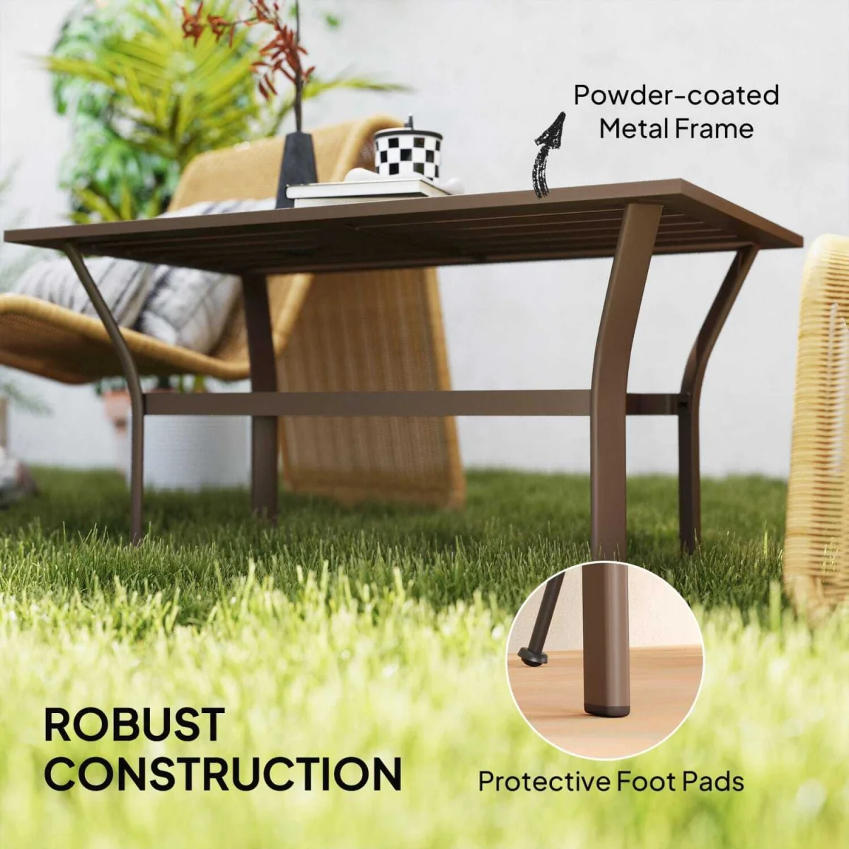 Dosu Yoba Metal and Wooden Brown Outdoor Rectangular Coffee Table with Slatted Top – image 2
