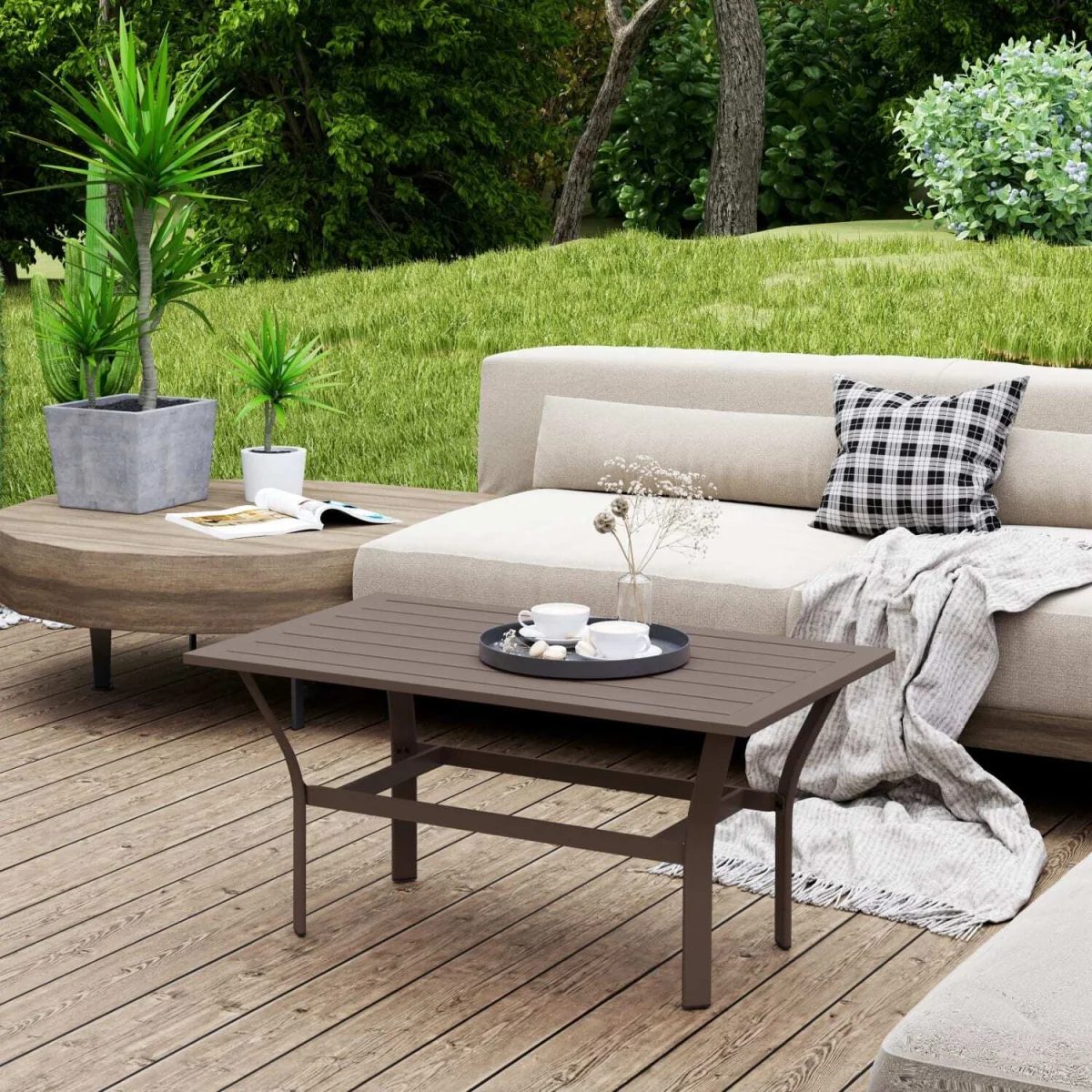 Dosu Yoba Metal and Wooden Brown Outdoor Rectangular Coffee Table with Slatted Top – image 4
