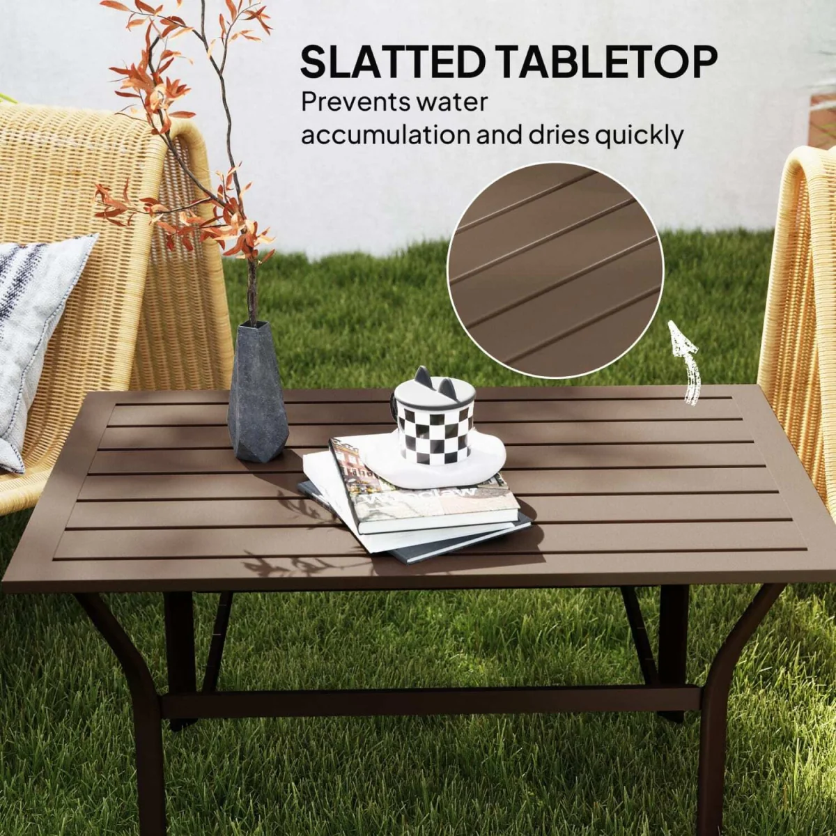 Dosu Yoba Metal and Wooden Brown Outdoor Rectangular Coffee Table with Slatted Top – image 6