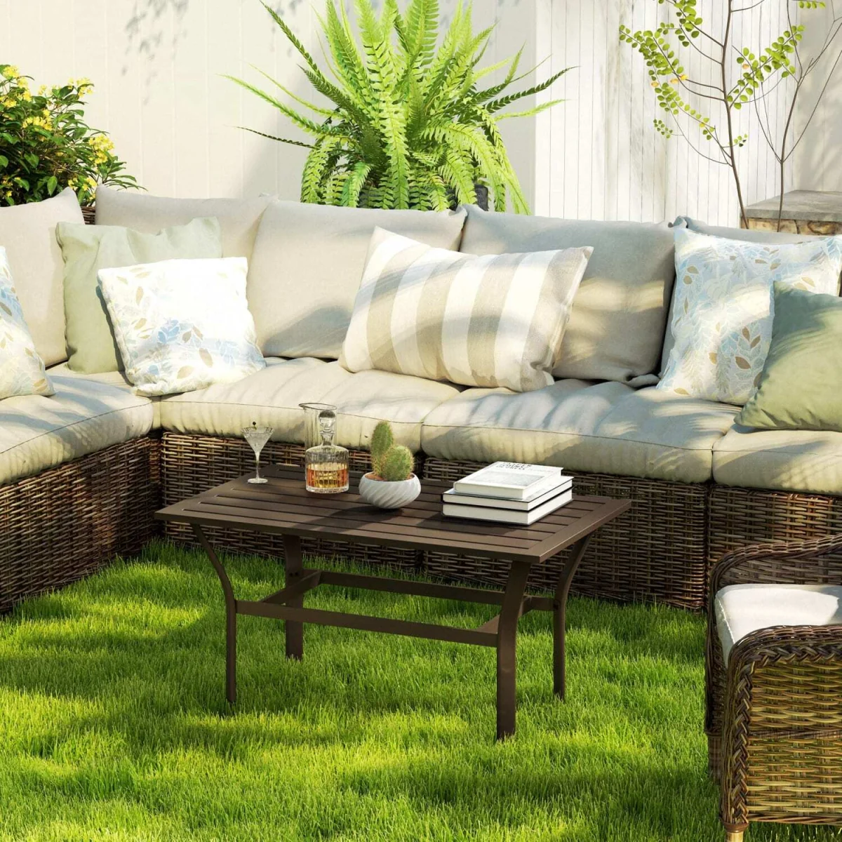 Dosu Yoba Metal and Wooden Brown Outdoor Rectangular Coffee Table with Slatted Top – image 8