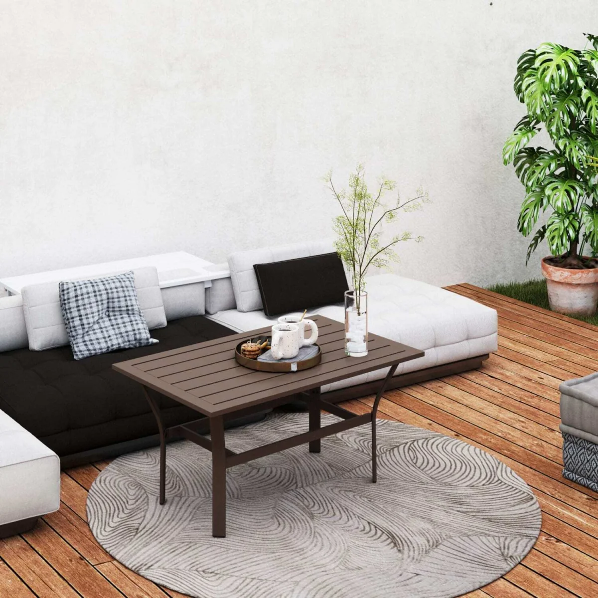 Dosu Yoba Metal and Wooden Brown Outdoor Rectangular Coffee Table with Slatted Top – image 9