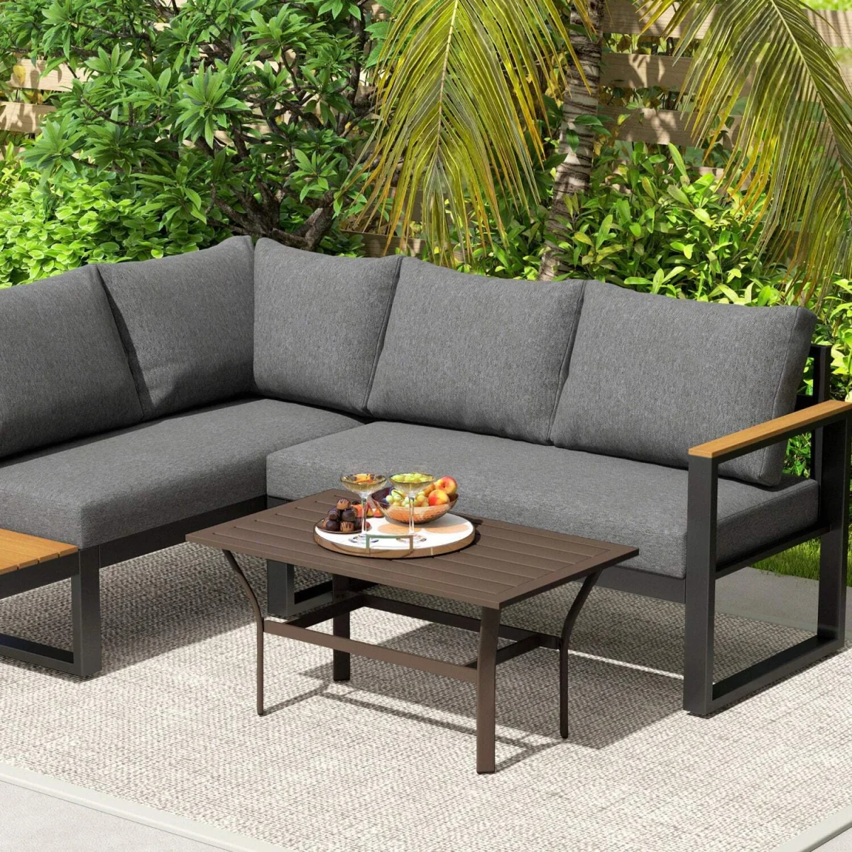 Dosu Yoba Metal and Wooden Brown Outdoor Rectangular Coffee Table with Slatted Top – image 10