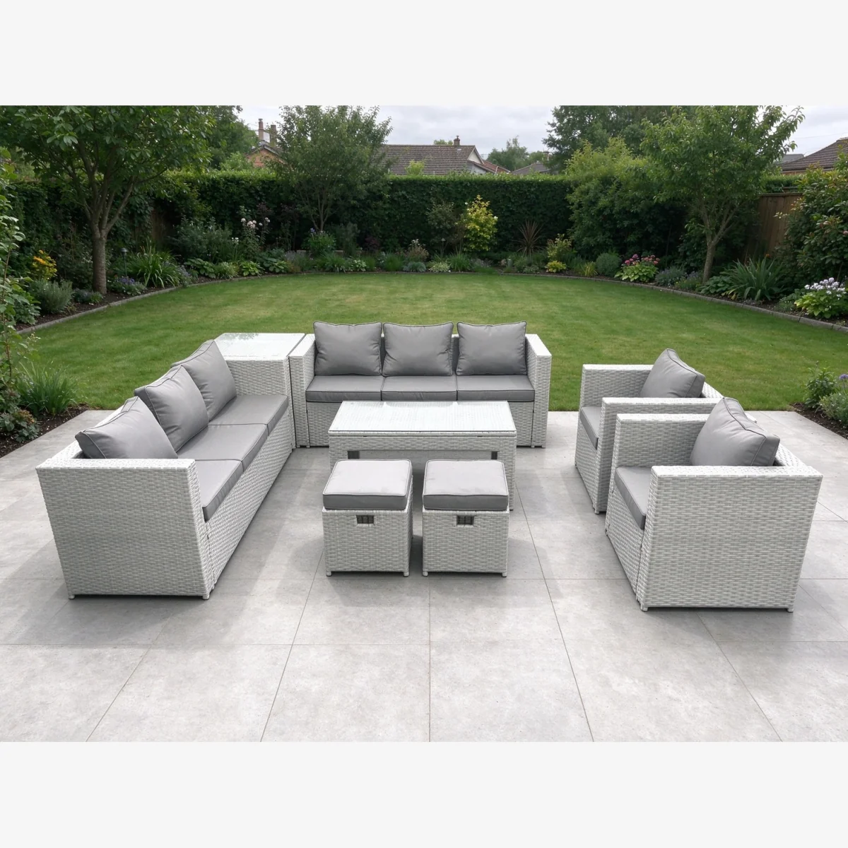 Outdoor Rattan Sofa Set – 2 Sofas 2 Armchairs 2 Stools & Oblong Glass Coffee Table