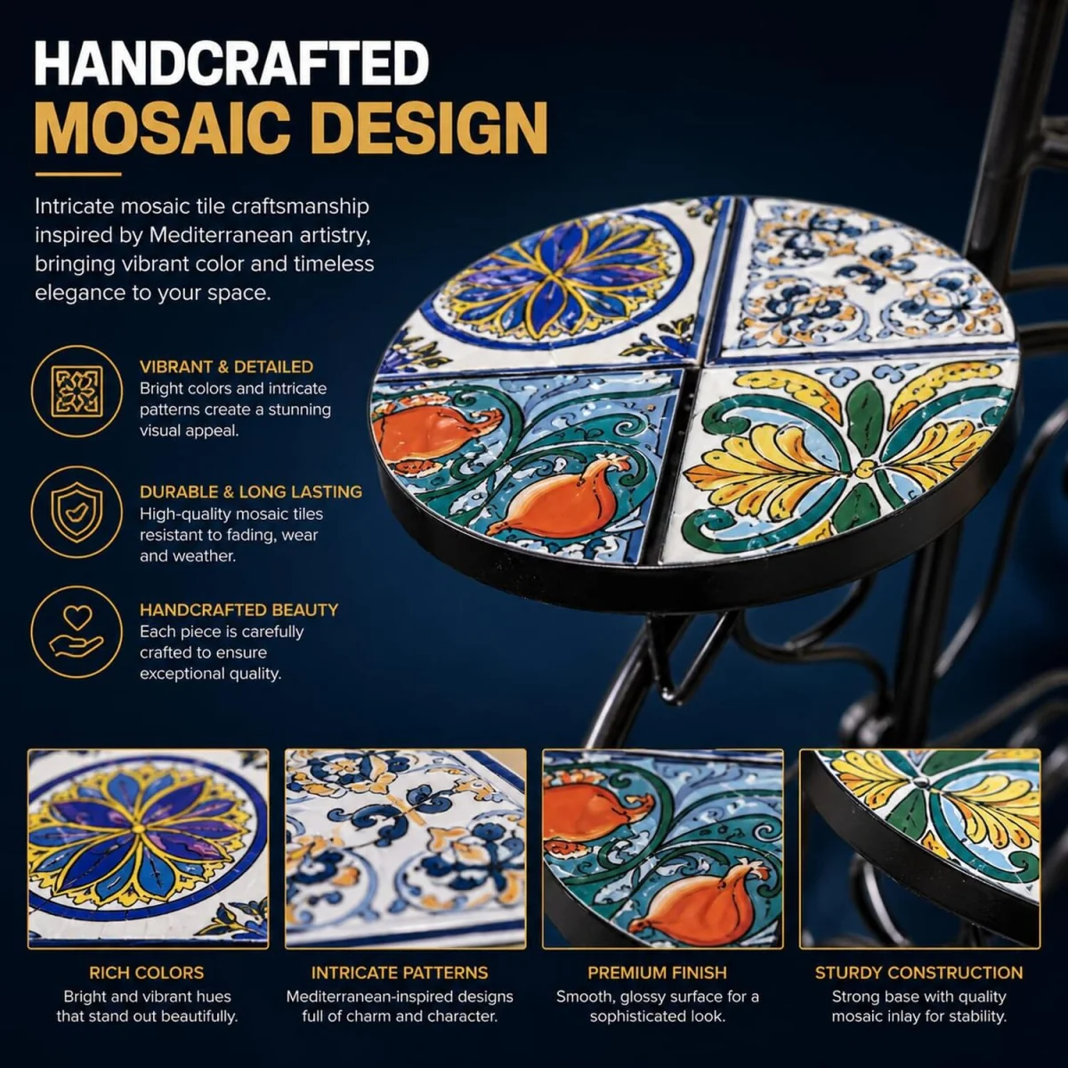 Lisbon Mosaic Tricycle Plant Stand - Multi Color frame with mosaic tile seat – image 4