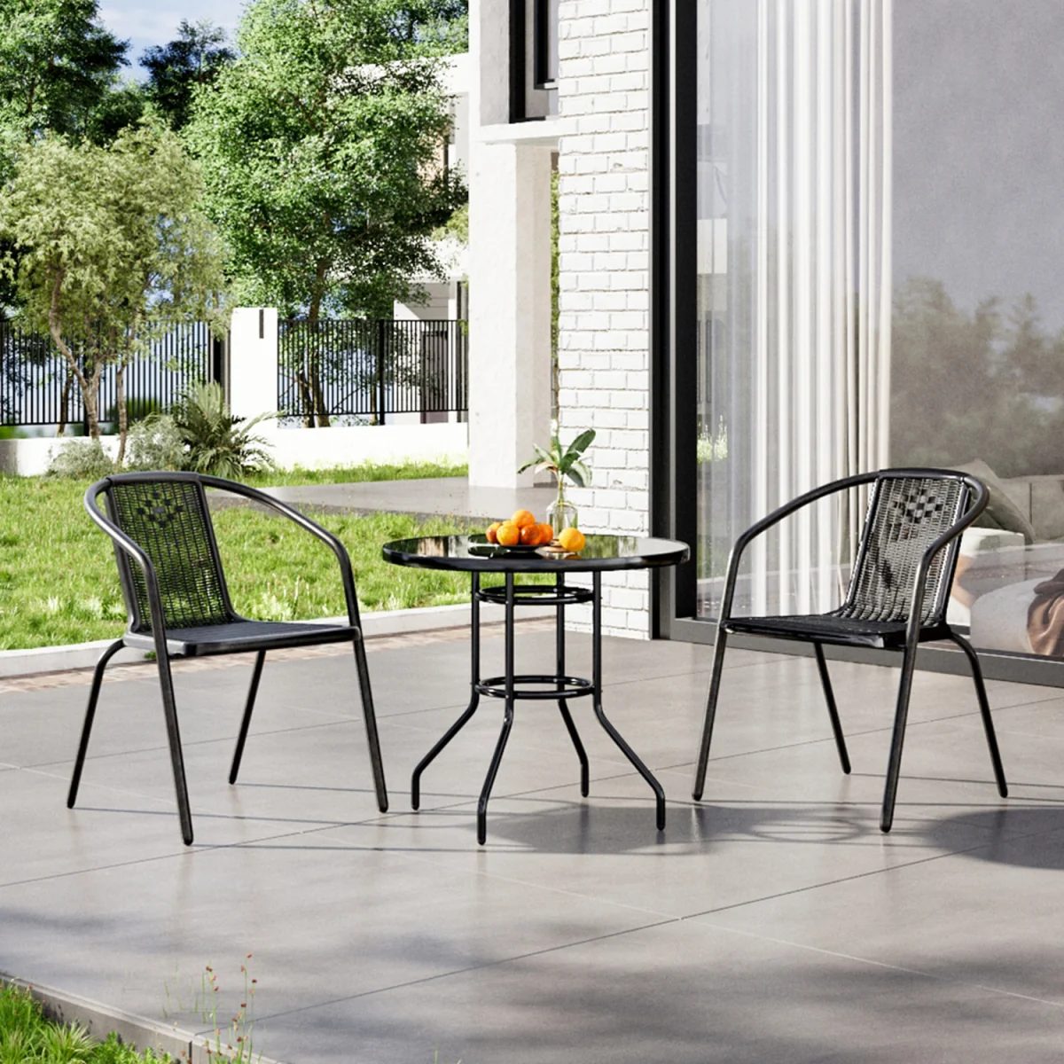 Breeins Outdoor Tempered Glass Garden Table Set with 2 Rattan Chairs - Black – image 1
