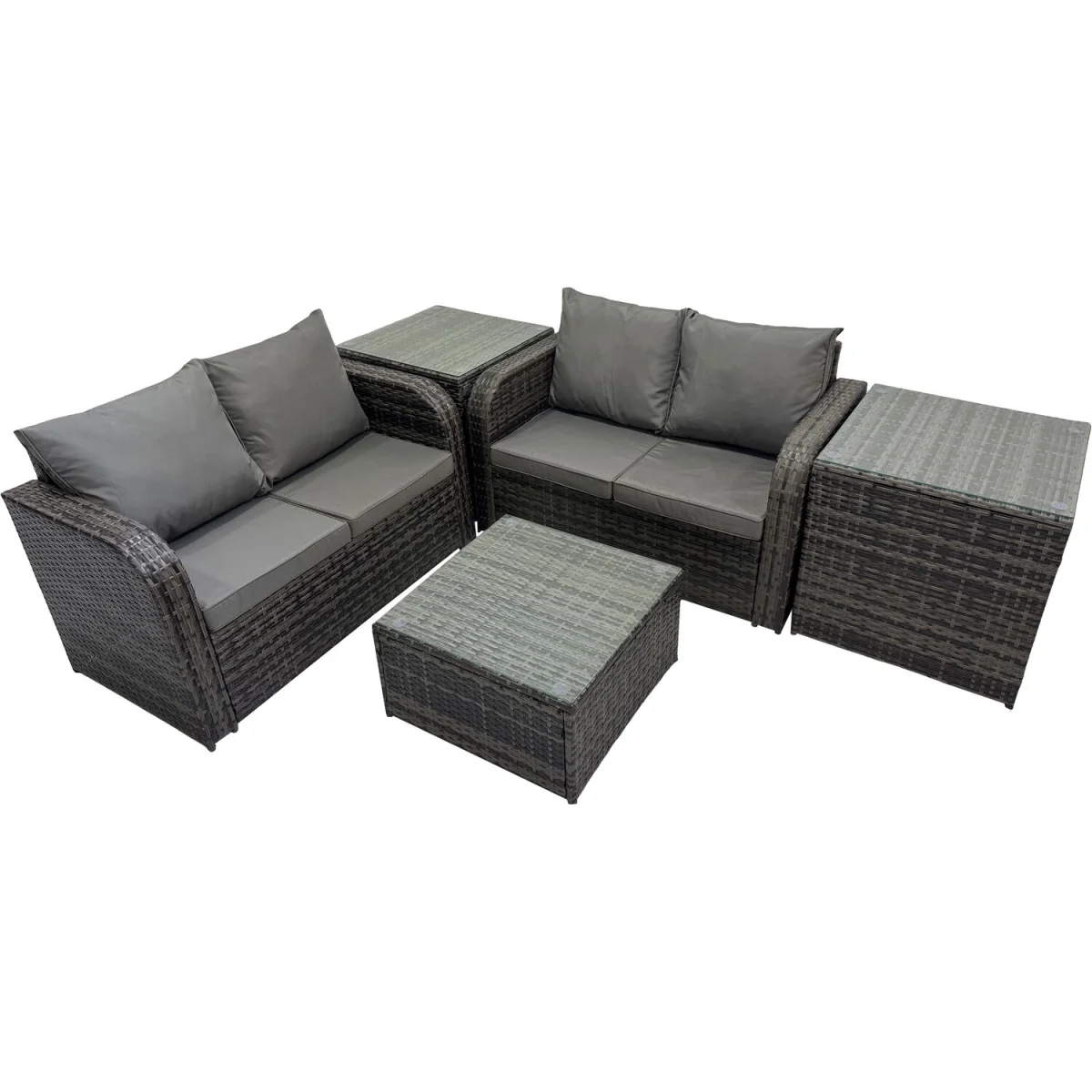 Fimous Rattan Garden Outdoor Furniture Set with 2 Love Sofas, Square Coffee Table and 2 Side Tables. - Dark Grey Mixed rattan with dark grey fabric – image 2