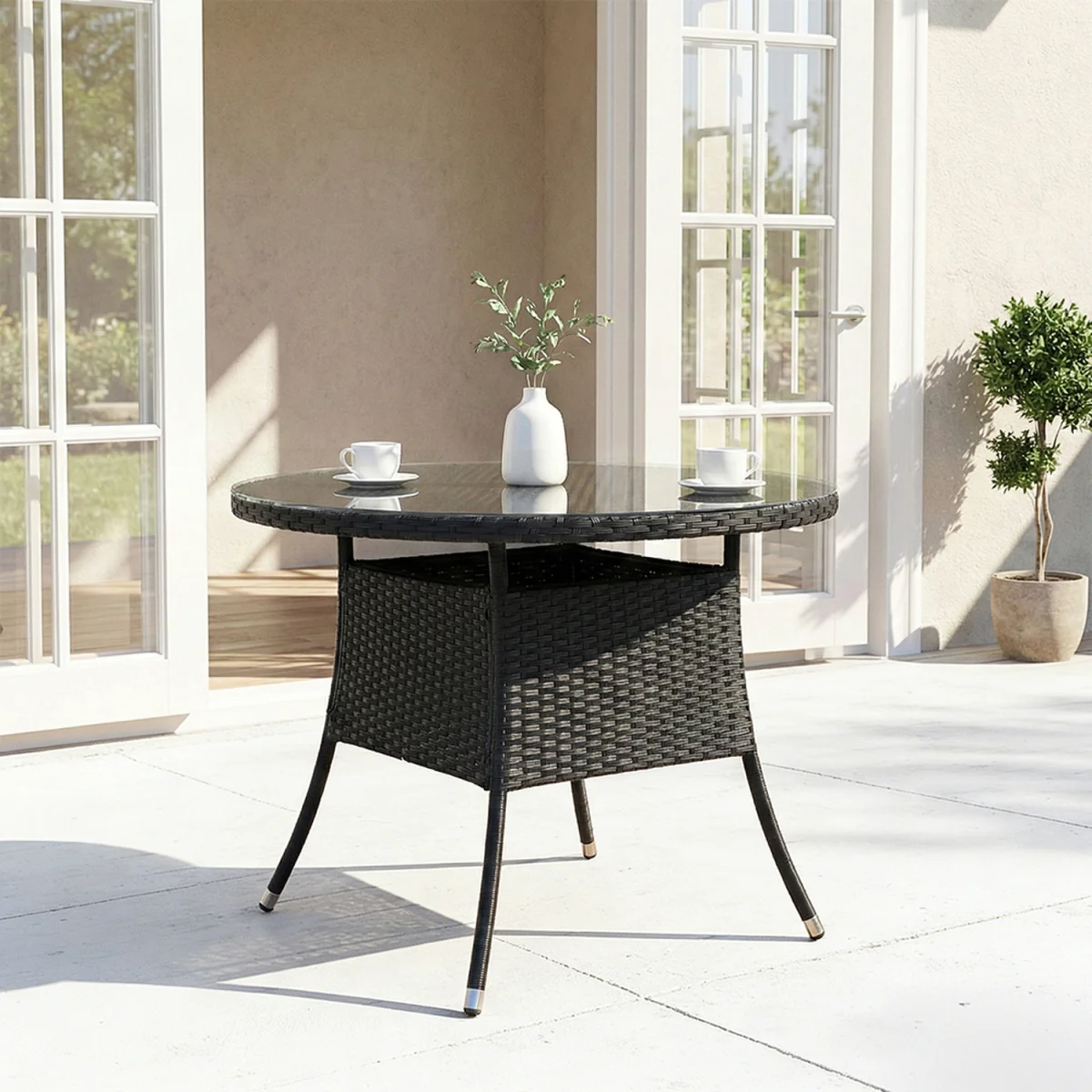 Breeins Round Rattan Garden Table with Tempered Glass Top and Parasol Hole - Black – image 2