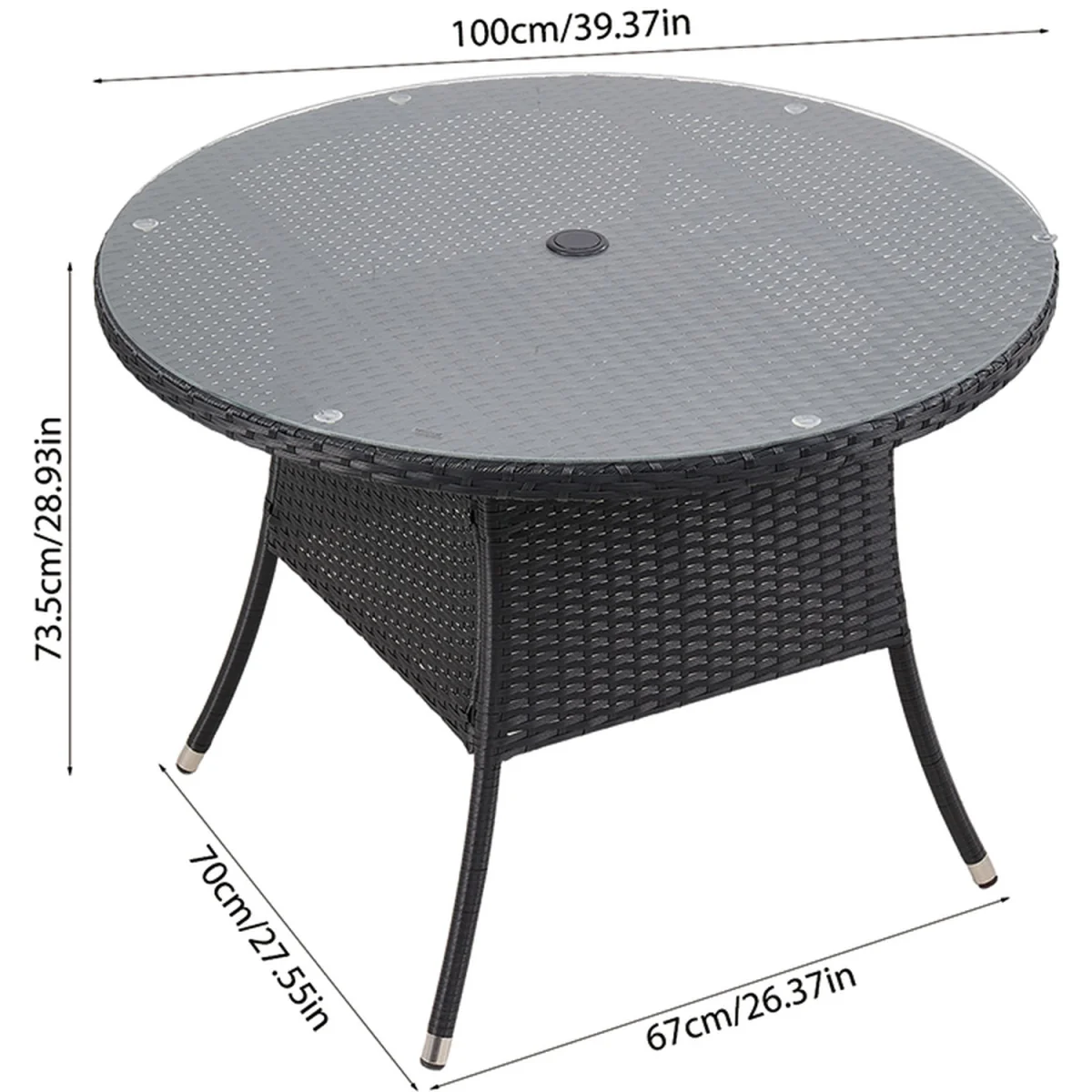 Breeins Round Rattan Garden Table with Tempered Glass Top and Parasol Hole - Black – image 5