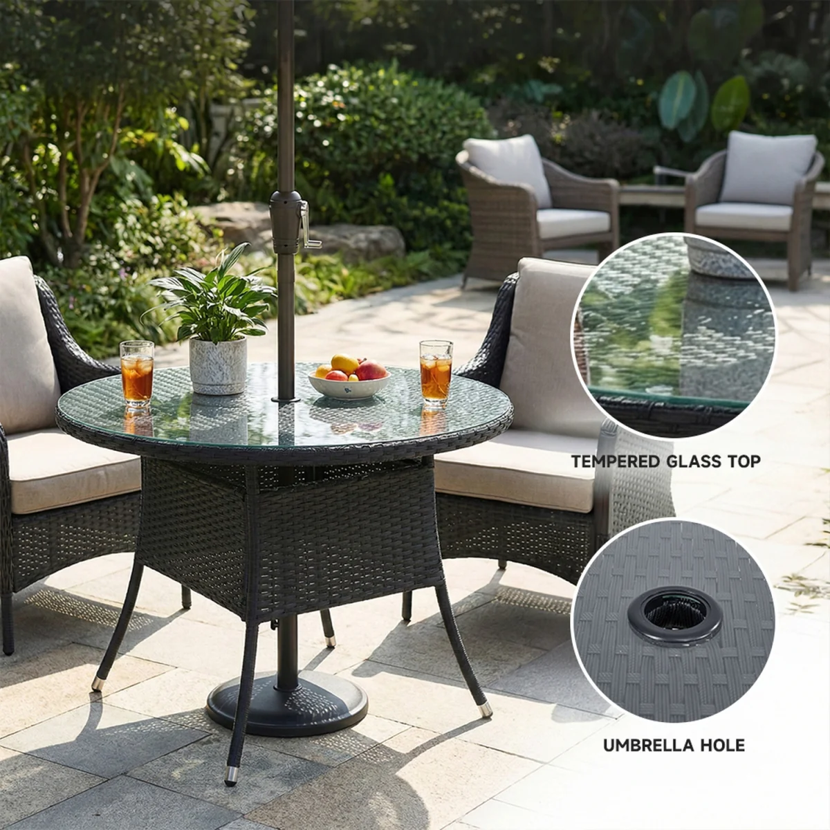 Breeins Round Rattan Garden Table with Tempered Glass Top and Parasol Hole - Black – image 7