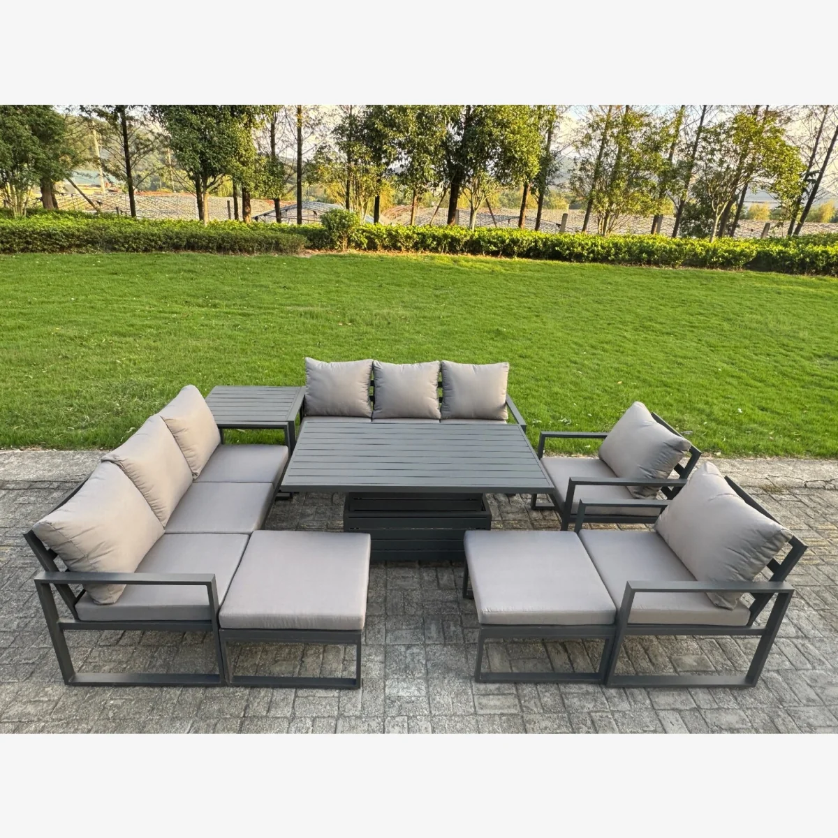 Garden Aluminium Furniture Set 10 Seater Outdoor Patio Lifting Table 2 Big Footstools Side Table