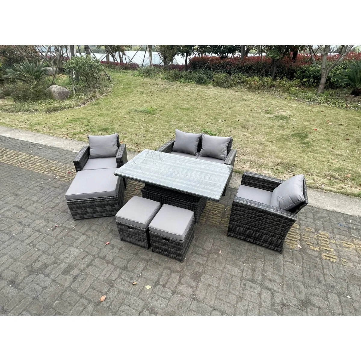 Rattan Outdoor Furniture Adjustable Rising Lifting Dining Table - Dark Grey Mixed – image 3