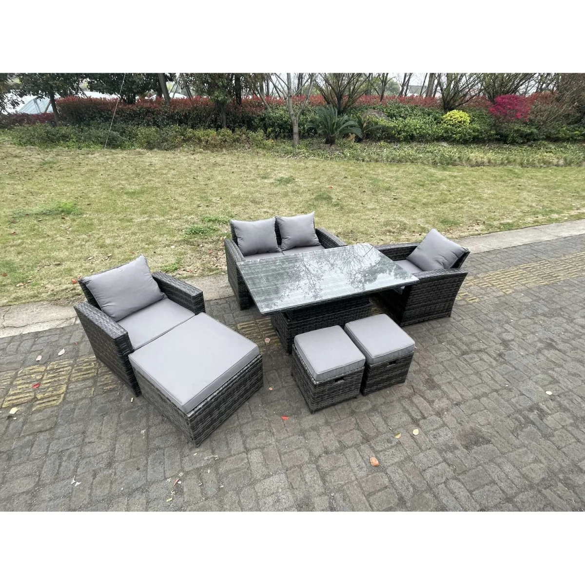 Rattan Outdoor Furniture Adjustable Rising Lifting Dining Table - Dark Grey Mixed – image 4