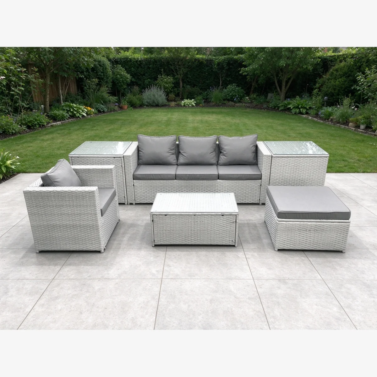 6-Piece Rattan Garden Furniture Set with Sofa 2 Armchairs 2 Side Tables Footstool Glass Table