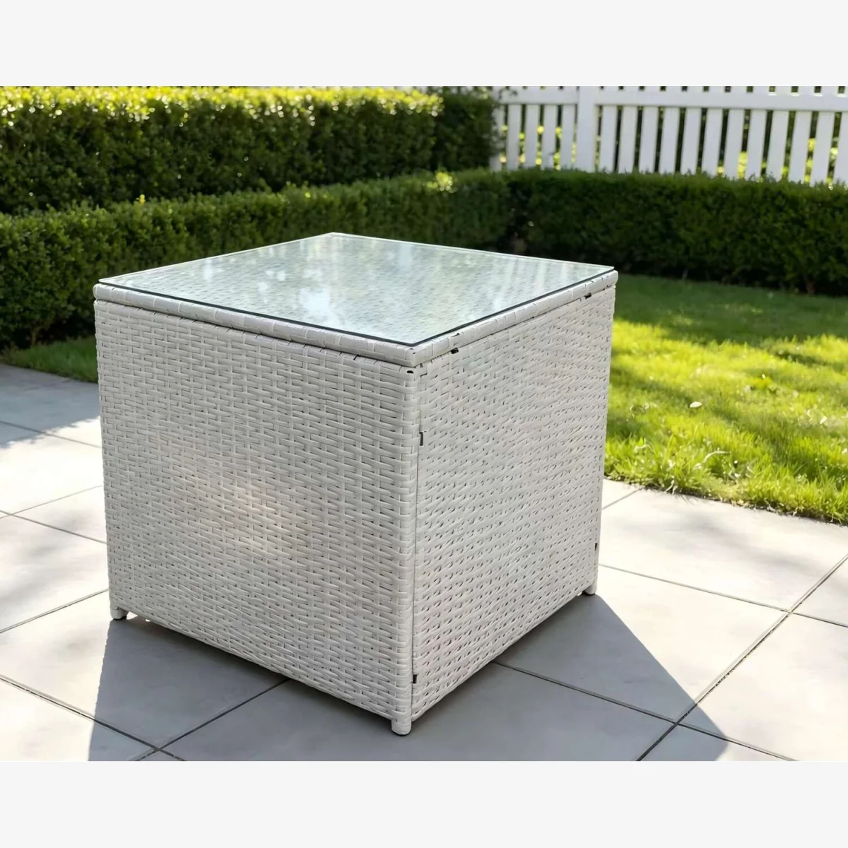 Fimous Rattan Cube Side Table Outdoor Garden Coffee Table - Light Grey